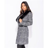 Checked womens coat fake fur collar black/white UK 14 (L)