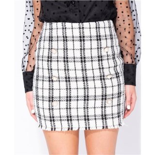 Checked womens bouclé mini skirt with buttons white/black UK 6 (XXS)