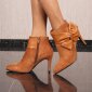 Womens velour ankle boots with heels and bow camel