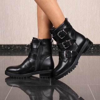 Flat womens faux leather ankle boots with buckles black