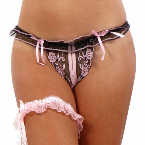 Crotchless womens thong with lace black-pink
