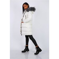 Womens winter puffer coat with hood & fake fur creme-white