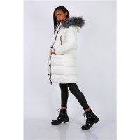 Womens winter puffer coat with hood & fake fur creme-white UK 14 (L)