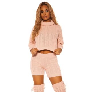 Damen Strick Zweiteiler Rollkragenpullover & Shorts Rosa