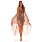 Strapless evening dress with chiffon veil cappuccino