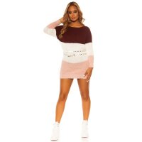 Short womens long sleeve colorblock knit dress wine-red