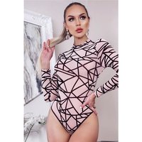 Womens long sleeve bodysuit with abstract print nude