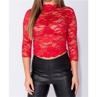 Sexy womens high neck lace shirt with 3/4 sleeves red