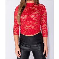 Sexy Damen 3/4-Arm Spitzenshirt mit Stehkragen Rot