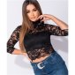 Sexy Damen 3/4-Arm Spitzenshirt mit Stehkragen Schwarz