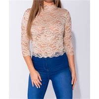 Sexy womens high neck lace shirt with 3/4 sleeves beige