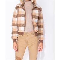 Karierte Damen Blouson Jacke aus Borg-Fleece Camel-Stone