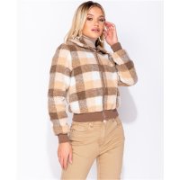 Karierte Damen Blouson Jacke aus Borg-Fleece Camel-Stone