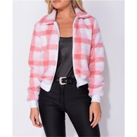 Checked womens borg fleece blouson jacket pink-white