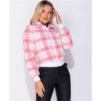 Checked womens borg fleece blouson jacket pink-white