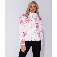 Damen Steppjacke mit Blumen und Kapuze im Kragen Weiß