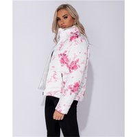 Damen Steppjacke mit Blumen und Kapuze im Kragen Weiß