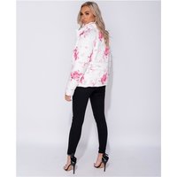 Damen Steppjacke mit Blumen und Kapuze im Kragen Weiß
