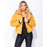 Quilted womens winter jacket with hood and fake fur mustard