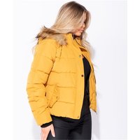 Quilted womens winter jacket with hood and fake fur mustard