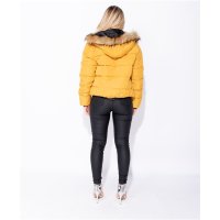 Damen Winter Steppjacke mit Kapuze und Kunstfell Senf