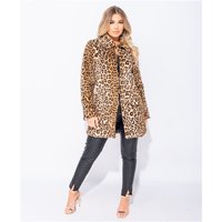 Damen Kurzmantel aus Kunstfell mit Animalprint Leopard Braun