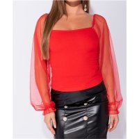 Elegantes Damen Langarm Shirt mit Chiffon-Ärmel Rot