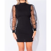 High neck bodycon dress with organza sleeves black