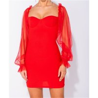 Bodycon mini dress with cups and sheer long sleeves red UK 14 (L)