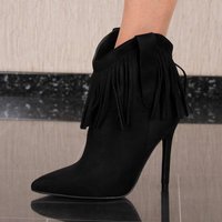 Womens velour ankle boots with high heel and fringes black 