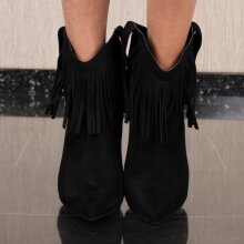Damen Velours Stiefeletten mit Stilettoabsatz & Fransen Schwarz