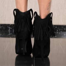 Damen Velours Stiefeletten mit Stilettoabsatz & Fransen Schwarz