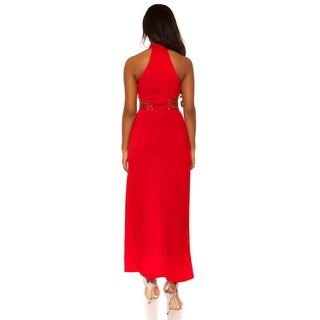 Elegantes Abendkleid mit hohem Kragen und Schlitz Rot