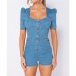 Damen Stretch Jeans Hotpants Overall mit Puffärmeln Blau