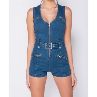 Womens jeans hotpants jumpsuit with zip front & belt dark blue