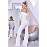 Damen Overall Jumpsuit mit Carmen-Ausschnitt Cremeweiß