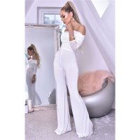 Damen Overall Jumpsuit mit Carmen-Ausschnitt Cremeweiß