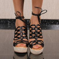 Sexy womens wedge sandals with bast heel black UK 7