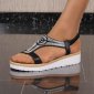 Flat womens strappy sandals with rhinestones black
