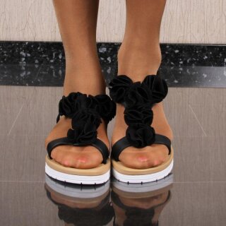 Flache Damen Riemchensandalen mit Blüten Schwarz