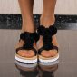 Flache Damen Riemchensandalen mit Blüten Schwarz