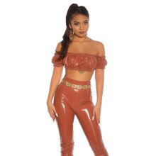 Sexy cropped womens off-the-shoulder top in latex look bronze