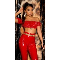Sexy cropped womens off-the-shoulder top in latex look red