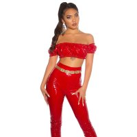 Sexy cropped womens off-the-shoulder top in latex look red Onesize (UK 8,10,12)
