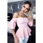 Womens puffed sleeve Bardot shirt with peplum pink