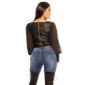 Sexy Damen Kunstleder Shirt mit Chiffon-Ärmeln Schwarz