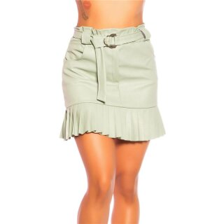 Faux leather pleated mini skirt with belt light green