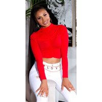Cropped womens long-sleeved shirt with gathers red