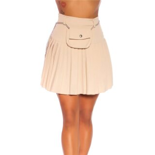 Kurzer Damen A-Linien Falten-Minirock mit Gürteltasche Beige