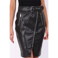 Knee-length womens faux leather skirt with belt black